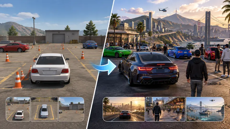 Car Parking Multiplayer compared with Car Parking Multiplayer 2 showing simpler parking gameplay versus expanded open world multiplayer